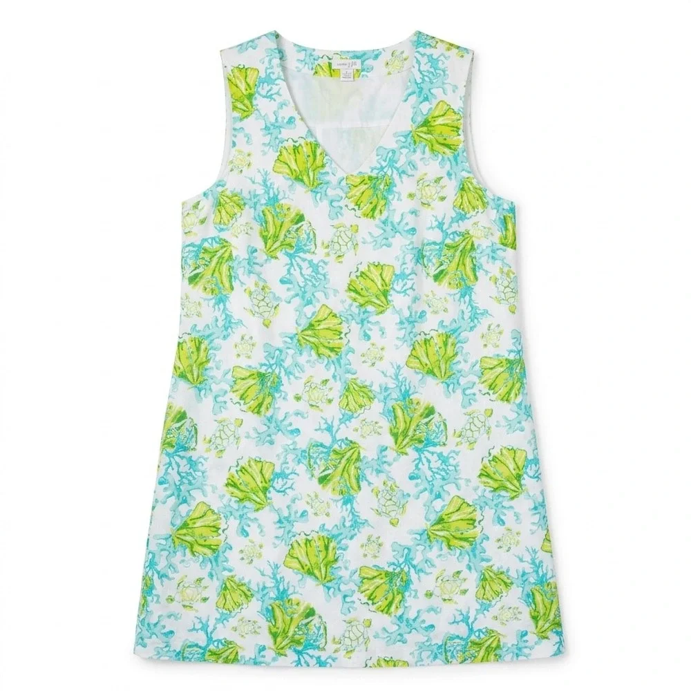 J. Jill Love Linen Sea Turtle Coral Print V-Neck Shift Dress Blue Green Large